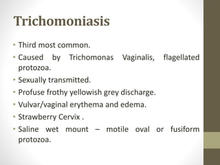Trichomoniasis
• Third most common.
• Caused by Trichomonas Vaginalis, flagellated
protozoa.
• Sexually transmitted.
• Profuse frothy yellowish grey discharge.
• Vulvar/vaginal erythema and edema.
• Strawberry Cervix .
• Saline wet mount – motile oval or fusiform
protozoa.
 