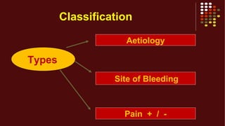 Types
Aetiology
Site of Bleeding
Pain + / -
Classification
 