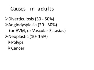 Causes in adults
Diverticulosis (30 - 50%)
Angiodysplasia (20 - 30%)
(or AVM, or Vascular Ectasias)
Neoplastic (10- 15%)
Polyps
Cancer
 