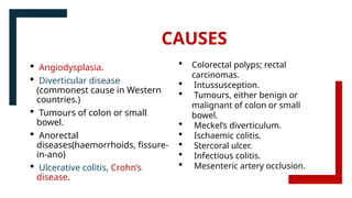 CAUSES
 Angiodysplasia.
 Diverticular disease
(commonest cause in Western
countries.)
 Tumours of colon or small
bowel.
 Anorectal
diseases(haemorrhoids, fissure-
in-ano)
 Ulcerative colitis, Crohn’s
disease.
 Colorectal polyps; rectal
carcinomas.
 Intussusception.
 Tumours, either benign or
malignant of colon or small
bowel.
 Meckel’s diverticulum.
 Ischaemic colitis.
 Stercoral ulcer.
 Infectious colitis.
 Mesenteric artery occlusion.
 
