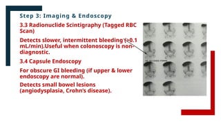 Step 3: Imaging & Endoscopy
3.3 Radionuclide Scintigraphy (Tagged RBC
Scan)
Detects slower, intermittent bleeding (>0.1
mL/min).Useful when colonoscopy is non-
diagnostic.
3.4 Capsule Endoscopy
For obscure GI bleeding (if upper & lower
endoscopy are normal).
Detects small bowel lesions
(angiodysplasia, Crohn’s disease).
 