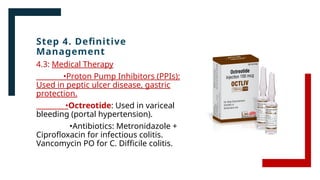 Step 4. Definitive
Management
4.3: Medical Therapy
•Proton Pump Inhibitors (PPIs):
Used in peptic ulcer disease, gastric
protection.
•Octreotide: Used in variceal
bleeding (portal hypertension).
•Antibiotics: Metronidazole +
Ciprofloxacin for infectious colitis.
Vancomycin PO for C. Difficile colitis.
 