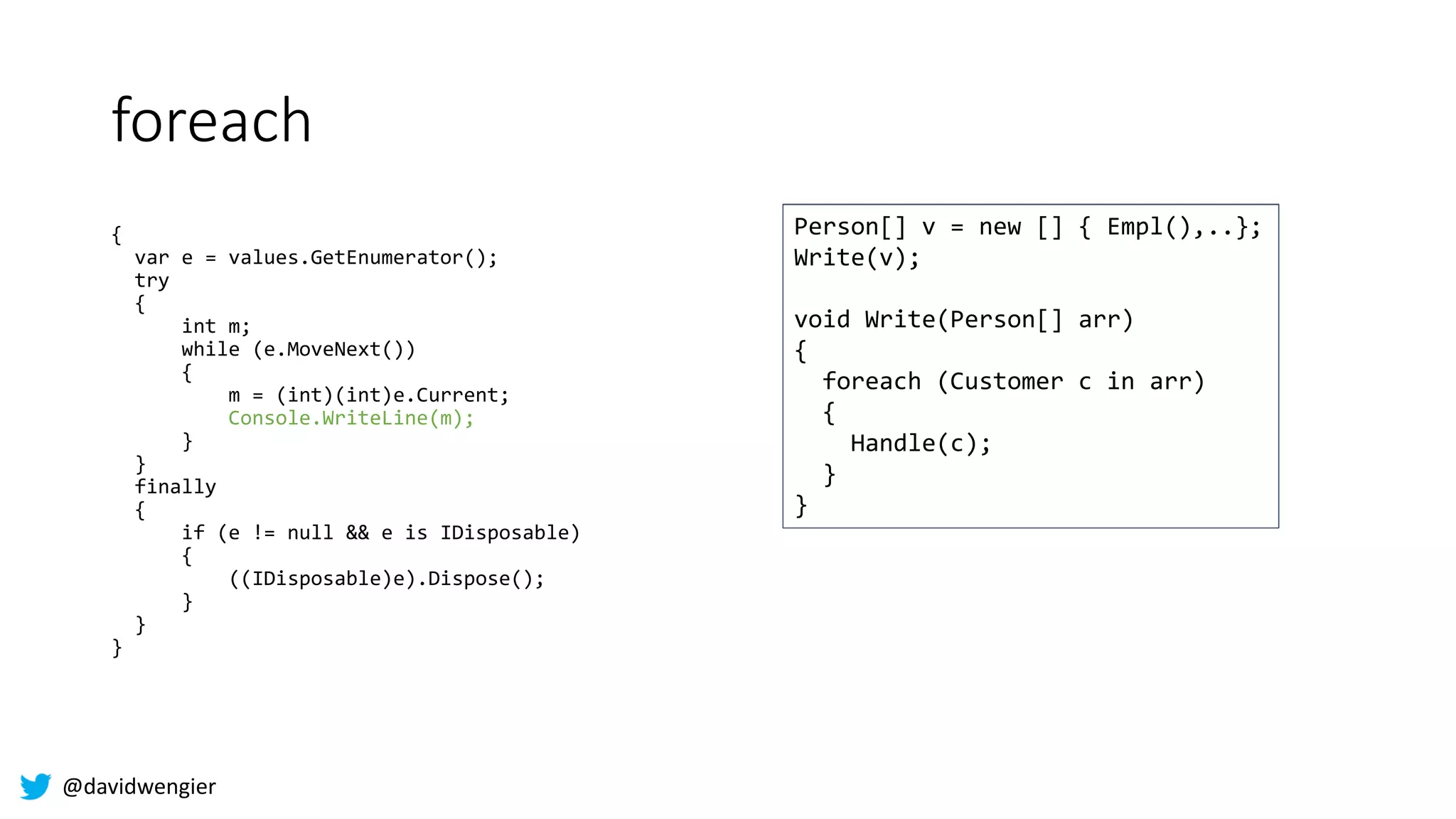 @davidwengier
foreach
{
var e = values.GetEnumerator();
try
{
int m;
while (e.MoveNext())
{
m = (int)(int)e.Current;
Console.WriteLine(m);
}
}
finally
{
if (e != null && e is IDisposable)
{
((IDisposable)e).Dispose();
}
}
}
object[] v = new [] { 1, 2 };
Write(v);
void Write(object[] arr)
{
foreach (int s in arr)
{
Console.WriteLine(s);
}
}
Person[] v = new [] { Empl(),..};
Write(v);
void Write(Person[] arr)
{
foreach (Customer c in arr)
{
Handle(c);
}
}
 