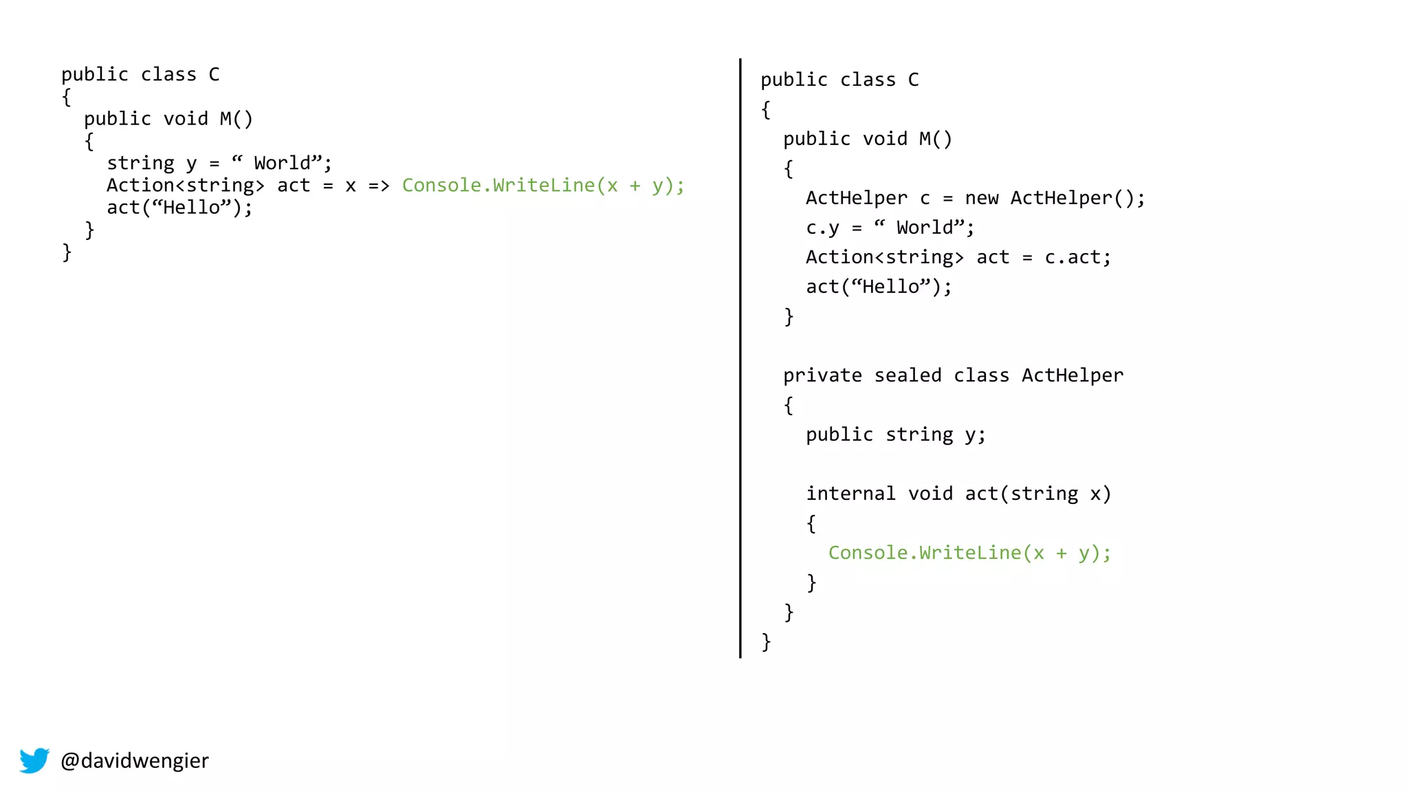 @davidwengier
public class C
{
public void M()
{
string y = “ World”;
Action<string> act = x => Console.WriteLine(x + y);
act(“Hello”);
}
}
public class C
{
public void M()
{
ActHelper c = new ActHelper();
Action<string> act = c.act;
act(“Hello”);
}
private sealed class ActHelper
{
internal void act(string x)
{
Console.WriteLine(x + y);
}
}
}
public class C
{
public void M()
{
ActHelper c = new ActHelper();
Action<string> act = c.act;
act(“Hello”);
}
private sealed class ActHelper
{
public string y;
internal void act(string x)
{
Console.WriteLine(x + y);
}
}
}
public class C
{
public void M()
{
ActHelper c = new ActHelper();
c.y = “ World”;
Action<string> act = c.act;
act(“Hello”);
}
private sealed class ActHelper
{
public string y;
internal void act(string x)
{
Console.WriteLine(x + y);
}
}
}
 