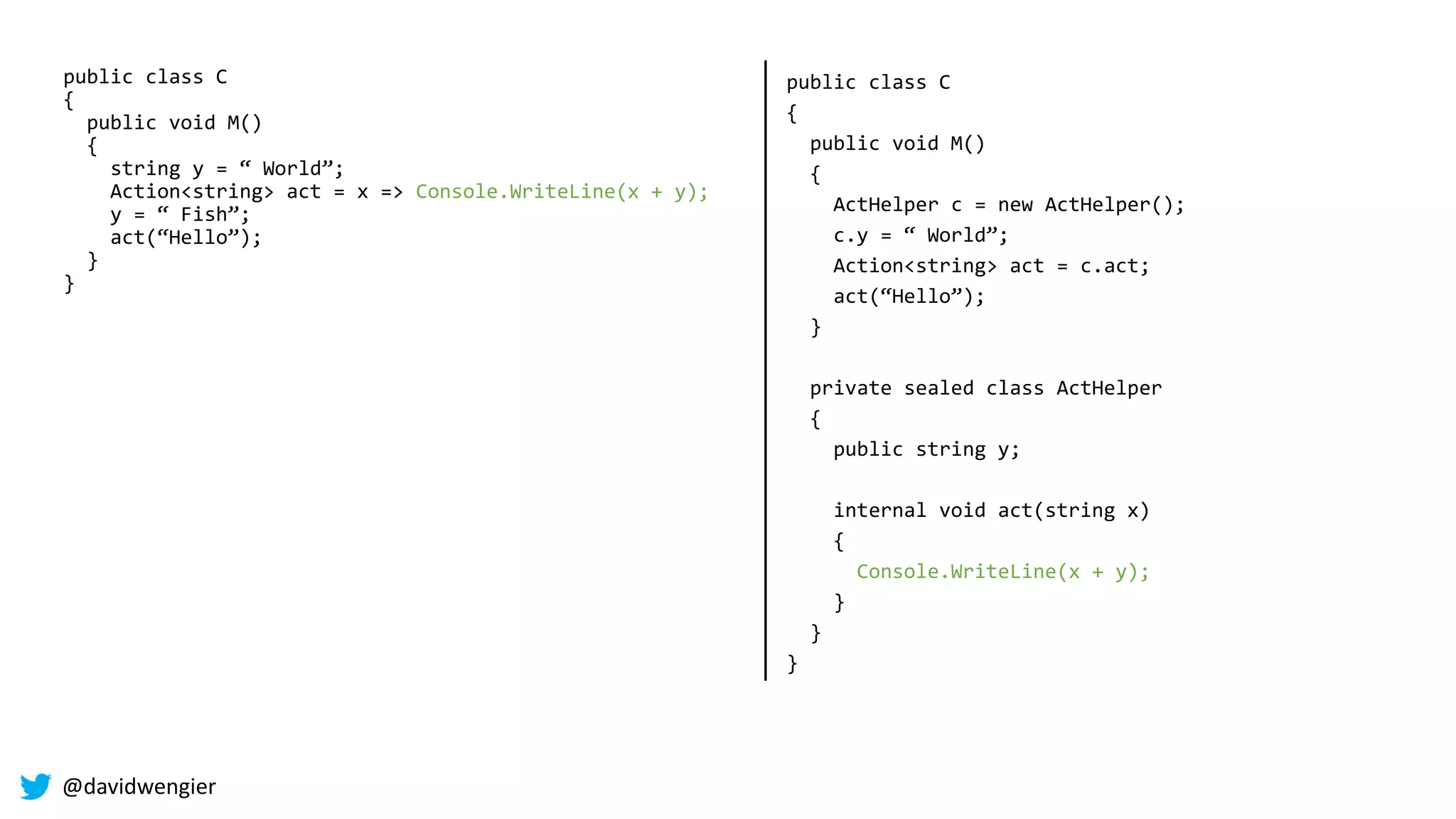@davidwengier
public class C
{
public void M()
{
string y = “ World”;
Action<string> act = x => Console.WriteLine(x + y);
y = “ Fish”;
act(“Hello”);
}
}
public class C
{
public void M()
{
ActHelper c = new ActHelper();
c.y = “ World”;
Action<string> act = c.act;
act(“Hello”);
}
private sealed class ActHelper
{
public string y;
internal void act(string x)
{
Console.WriteLine(x + y);
}
}
}
 