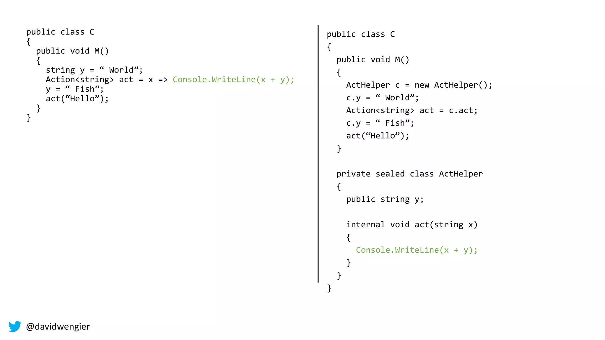 @davidwengier
public class C
{
public void M()
{
string y = “ World”;
Action<string> act = x => Console.WriteLine(x + y);
y = “ Fish”;
act(“Hello”);
}
}
public class C
{
public void M()
{
ActHelper c = new ActHelper();
c.y = “ World”;
Action<string> act = c.act;
c.y = “ Fish”;
act(“Hello”);
}
private sealed class ActHelper
{
public string y;
internal void act(string x)
{
Console.WriteLine(x + y);
}
}
}
 