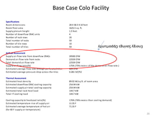 Base Case Colo Facility

Specifications
Room di mens i ons                                             28 X 58.5 X 10 feet
Room fl oor a rea                                              1625.5 s q. ft.
Suppl y plenum hei ght                                         1.5 feet
Number of downfl ow CRAC units                                 4
Number of rack rows                                            20
Tota l number of racks                                         59
Number of ti le rows                                           10                              Energy Savings Opportunity
Tota l number of til es                                        59

Airflow Assessment
Suppl y a ir fl ow rate from downfl ow CRACs                   39500 CFM
Demand a ir fl ow rate from ra cks                             22559 CFM
Tota l demand ai r fl ow ra te                                 22559 CFM
Suppl y a ir fl ow ratio(%)                                    175% (75% exces s of the demand ai r flow ra te.)
Es ti ma ted average fl ow rate through perforated ti les      669 CFM
Es ti ma ted average pres s ure drop acros s the ti l es       0.281 l bf/ft2

Thermal Assessment
Es ti ma ted heat dens i ty                                    89.02 W/s q.ft. of room a rea
Es ti ma ted downflow CRAC cool i ng capa ci ty                254.94 kW
Es ti ma ted s uppl y a ir tota l cool i ng capa ci ty         254.94 kW
Es ti ma ted tota l rack heat l oa d                           144.7 kW
Tota l IT cool ing l oa d                                      144.7 kW

Cool ing ca pa ci ty to heatLoad rati o(%)                     176% (76% exces s than cooli ng demand)
Es ti ma ted tempera ture ri s e of s upply ai r               11.35 F
Es ti ma ted average tempera ture of hot a ir                  71.35 F
(for 60 F s upply a ir tempera ture)
                                                                                                                            20
 
