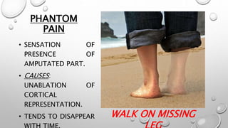 PHANTOM
PAIN
• SENSATION OF
PRESENCE OF
AMPUTATED PART.
• CAUSES:
UNABLATION OF
CORTICAL
REPRESENTATION.
• TENDS TO DISAPPEAR WALK ON MISSING
 