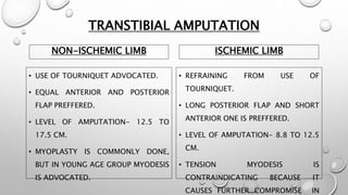TRANSTIBIAL AMPUTATION
NON-ISCHEMIC LIMB
• USE OF TOURNIQUET ADVOCATED.
• EQUAL ANTERIOR AND POSTERIOR
FLAP PREFFERED.
• LEVEL OF AMPUTATION- 12.5 TO
17.5 CM.
• MYOPLASTY IS COMMONLY DONE,
BUT IN YOUNG AGE GROUP MYODESIS
IS ADVOCATED.
ISCHEMIC LIMB
• REFRAINING FROM USE OF
TOURNIQUET.
• LONG POSTERIOR FLAP AND SHORT
ANTERIOR ONE IS PREFFERED.
• LEVEL OF AMPUTATION- 8.8 TO 12.5
CM.
• TENSION MYODESIS IS
CONTRAINDICATING BECAUSE IT
CAUSES FURTHER COMPROMISE IN
 