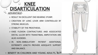 KNEE
DISARTICULATION
• ADVANTAGE-
 RESULT IN EXCELLENT END BEARING STUMP.
 CREATION OF LONG LEVER ARM CONTROLLED BY
STRONG MUSCLES.
 STABILITY OF THE PROSTHESIS.
 KNEE FLEXION CONTRACTURES AND ASSOCIATED
DISTAL ULCER WITH TRANSTIBIAL AMPUTATION ARE
ALSO AVOIDED.
 IN NON-AMBULATORY PATIENT ADDITIONAL
EXTREMITY LENGTH PROVIDE ADEQUATE SUPPORT
AND BALANCE.
• BENEFIT IN CHILDREN AND YOUNG ADULTS, BUT
 