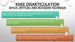 KNEE DISARTICULATION
BATCH, SPITTLER, AND MCFADDIN TECHNIQUE
FASHION LONG BROAD ANTERIOR FLAP FROM INFERIOR POLE OF PATELLA AND
SHORT POPLITEAL FLAP FROM POPLITEAL CREASE.
ANTERIOR FLAP ELEVATED INCLUDING INSERTION OF PATELLAR TENDON
AND PES ANSERINUS.
DIVIDE CRUCIATE LIGAMENTS AND POSTERIOR CAPSULE. DIVIDE TIBAIL NERVE
SLIGHTLY PROXIMALLY.
ATTEMPT TO FUSE PATELLA TO THE FEMORAL CONDYLE. PATELLAR TENDON
SUTURED TO CRUCIATE LIGAMENTS AND GASTROCNEMIUS MUSCLE.
 
