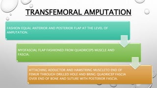 TRANSFEMORAL AMPUTATION
FASHION EQUAL ANTERIOR AND POSTERIOR FLAP AT THE LEVEL OF
AMPUTATION.
MYOFASCIAL FLAP FASHIONED FROM QUADRICEPS MUSCLE AND
FASCIA.
ATTACHING ADDUCTOR AND HAMSTRING MUSCLETO END OF
FEMUR THROUGH DRILLED HOLE AND BRING QUADRICEP FASCIA
OVER END OF BONE AND SUTURE WITH POSTERIOR FASCIA.
 