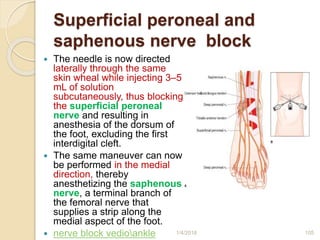 Superficial peroneal and
saphenous nerve block
 The needle is now directed
laterally through the same
skin wheal while injecting 3–5
mL of solution
subcutaneously, thus blocking
the superficial peroneal
nerve and resulting in
anesthesia of the dorsum of
the foot, excluding the first
interdigital cleft.
 The same maneuver can now
be performed in the medial
direction, thereby
anesthetizing the saphenous
nerve, a terminal branch of
the femoral nerve that
supplies a strip along the
medial aspect of the foot.
 nerve block vedioankle 1/4/2018 105
 