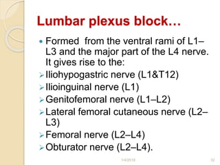 Lumbar plexus block…
 Formed from the ventral rami of L1–
L3 and the major part of the L4 nerve.
It gives rise to the:
Iliohypogastric nerve (L1&T12)
Ilioinguinal nerve (L1)
Genitofemoral nerve (L1–L2)
Lateral femoral cutaneous nerve (L2–
L3)
Femoral nerve (L2–L4)
Obturator nerve (L2–L4).
1/4/2018 32
 