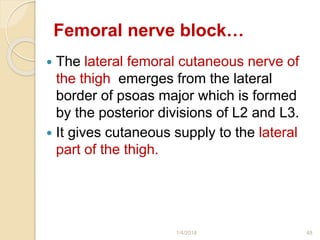 Femoral nerve block…
 The lateral femoral cutaneous nerve of
the thigh emerges from the lateral
border of psoas major which is formed
by the posterior divisions of L2 and L3.
 It gives cutaneous supply to the lateral
part of the thigh.
1/4/2018 48
 