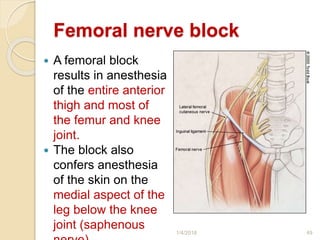 Femoral nerve block
 A femoral block
results in anesthesia
of the entire anterior
thigh and most of
the femur and knee
joint.
 The block also
confers anesthesia
of the skin on the
medial aspect of the
leg below the knee
joint (saphenous 1/4/2018 49
 