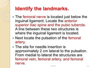 Identify the landmarks.
 The femoral nerve is located just below the
inguinal ligament. Locate the anterior
superior iliac spine and the pubic tubercle.
A line between these two structures is
where the inguinal ligament is located.
 Next locate the pulsation of the femoral
artery.
 The site for needle insertion is
approximately 2 cm lateral to the pulsation.
From medial to lateral the structures are
femoral vein, femoral artery, and femoral
nerve.
1/4/2018 53
 