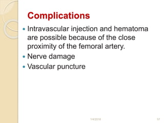 Complications
 Intravascular injection and hematoma
are possible because of the close
proximity of the femoral artery.
 Nerve damage
 Vascular puncture
1/4/2018 57
 