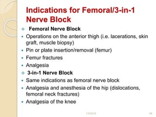 Indications for Femoral/3-in-1
Nerve Block
 Femoral Nerve Block
 Operations on the anterior thigh (i.e. lacerations, skin
graft, muscle biopsy)
 Pin or plate insertion/removal (femur)
 Femur fractures
 Analgesia
 3-in-1 Nerve Block
 Same indications as femoral nerve block
 Analgesia and anesthesia of the hip (dislocations,
femoral neck fractures)
 Analgesia of the knee
1/4/2018 68
 