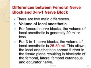 Differences between Femoral Nerve
Block and 3-in-1 Nerve Block
 There are two main differences.
1. Volume of local anesthetic.
 For femoral nerve blocks, the volume of
local anesthetic is generally 20 ml or
less.
 For 3-in-1 nerve blocks, the volume of
local anesthetic is 25-30 ml. This allows
the local anesthetic to spread further in
the tissue plane resulting in blockade of
the femoral, lateral femoral cutaneous,
and obturator nerve.
1/4/2018 71
 