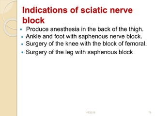 Indications of sciatic nerve
block
 Produce anesthesia in the back of the thigh.
 Ankle and foot with saphenous nerve block.
 Surgery of the knee with the block of femoral.
 Surgery of the leg with saphenous block
1/4/2018 75
 