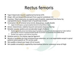 Rectus femoris
► Type II bipennate muscle supplied primarily by LCFA
► Origin: AIIS and deep/reflected part from superior acetabular rim
► Insertion: Tibial tuberosity via superior part of patella, separated from femur by
  suprapatellar bursa. Deepest layer of quadriceps tendon
► Innervation: Br of Femoral nerve (L3,4), deep group, usually double
        Upper branch gives a proprioceptive branch to hip (Hiltons law)
► Action: Extend knee, stabilise hip joint and assists iliopsoas flex hip
► Reliable vascular pedicle and considerable length (7x40cm)
        Pedicle generally arises 5cm below top of symphysis pubis and runs downwards for 5-8cm before
         piercing the muscle on posteromedial border at junction of proximal and middle thirds
        Divides into superior and inferior branches
► Rotation point is 7cm below inguinal ligament
► Muscle is necessary for fully functional knee extension, so is not expendable except in spinal
  patients (when gracilis or TFL can be used)
► Skin paddle is based over lower 2/3 of muscle
► Skin paddle sensation is supplied by intermediate anterior cutaneous nerve of thigh
 