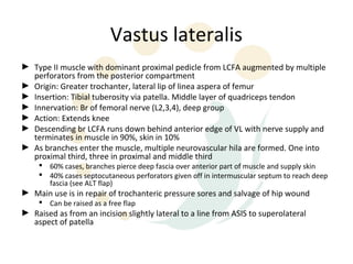 Vastus lateralis
► Type II muscle with dominant proximal pedicle from LCFA augmented by multiple
  perforators from the posterior compartment
► Origin: Greater trochanter, lateral lip of linea aspera of femur
► Insertion: Tibial tuberosity via patella. Middle layer of quadriceps tendon
► Innervation: Br of femoral nerve (L2,3,4), deep group
► Action: Extends knee
► Descending br LCFA runs down behind anterior edge of VL with nerve supply and
  terminates in muscle in 90%, skin in 10%
► As branches enter the muscle, multiple neurovascular hila are formed. One into
  proximal third, three in proximal and middle third
      60% cases, branches pierce deep fascia over anterior part of muscle and supply skin
      40% cases septocutaneous perforators given off in intermuscular septum to reach deep
       fascia (see ALT flap)
► Main use is in repair of trochanteric pressure sores and salvage of hip wound
      Can be raised as a free flap
► Raised as from an incision slightly lateral to a line from ASIS to superolateral
  aspect of patella
 