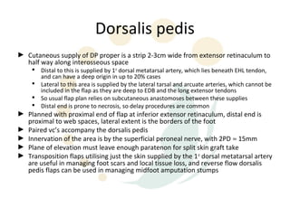 Dorsalis pedis
► Cutaneous supply of DP proper is a strip 2-3cm wide from extensor retinaculum to
  half way along interosseous space
      Distal to this is supplied by 1st dorsal metatarsal artery, which lies beneath EHL tendon,
       and can have a deep origin in up to 20% cases
      Lateral to this area is supplied by the lateral tarsal and arcuate arteries, which cannot be
       included in the flap as they are deep to EDB and the long extensor tendons
      So usual flap plan relies on subcutaneous anastomoses between these supplies
      Distal end is prone to necrosis, so delay procedures are common
► Planned with proximal end of flap at inferior extensor retinaculum, distal end is
  proximal to web spaces, lateral extent is the borders of the foot
► Paired vc’s accompany the dorsalis pedis
► Innervation of the area is by the superficial peroneal nerve, with 2PD ≈ 15mm
► Plane of elevation must leave enough paratenon for split skin graft take
► Transposition flaps utilising just the skin supplied by the 1 st dorsal metatarsal artery
  are useful in managing foot scars and local tissue loss, and reverse flow dorsalis
  pedis flaps can be used in managing midfoot amputation stumps
 