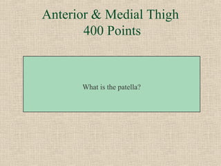 Anterior & Medial Thigh
       400 Points



      What is the patella?
 