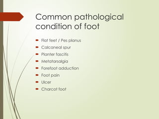 Common pathological
condition of foot
 Flat feet / Pes planus
 Calcaneal spur
 Planter fascitis
 Metatarsalgia
 Forefoot adduction
 Foot pain
 Ulcer
 Charcot foot
 