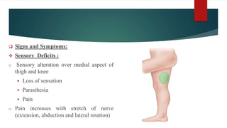  Signs and Symptoms:
 Sensory Deficits :
o Sensory alteration over medial aspect of
thigh and knee
 Loss of sensation
 Parasthesia
 Pain
o Pain increases with stretch of nerve
(extension, abduction and lateral rotation)
 