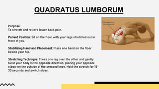 Purpose:
To stretch and relieve lower back pain.
Patient Position: Sit on the floor with your legs stretched out in
front of you.
Stabilizing Hand and Placement: Place one hand on the floor
beside your hip.
Stretching Technique: Cross one leg over the other and gently
twist your body in the opposite direction, placing your opposite
elbow on the outside of the crossed knee. Hold the stretch for 15-
30 seconds and switch sides.
QUADRATUS LUMBORUM
 
