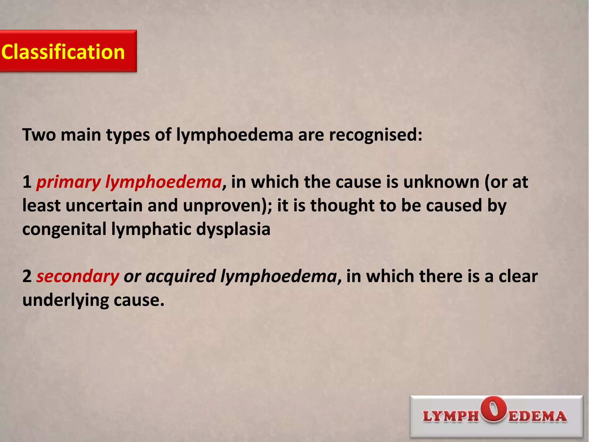 Classification


  Two main types of lymphoedema are recognised:

  1 primary lymphoedema, in which the cause is unknown (or at
  least uncertain and unproven); it is thought to be caused by
  congenital lymphatic dysplasia

  2 secondary or acquired lymphoedema, in which there is a clear
  underlying cause.
 
