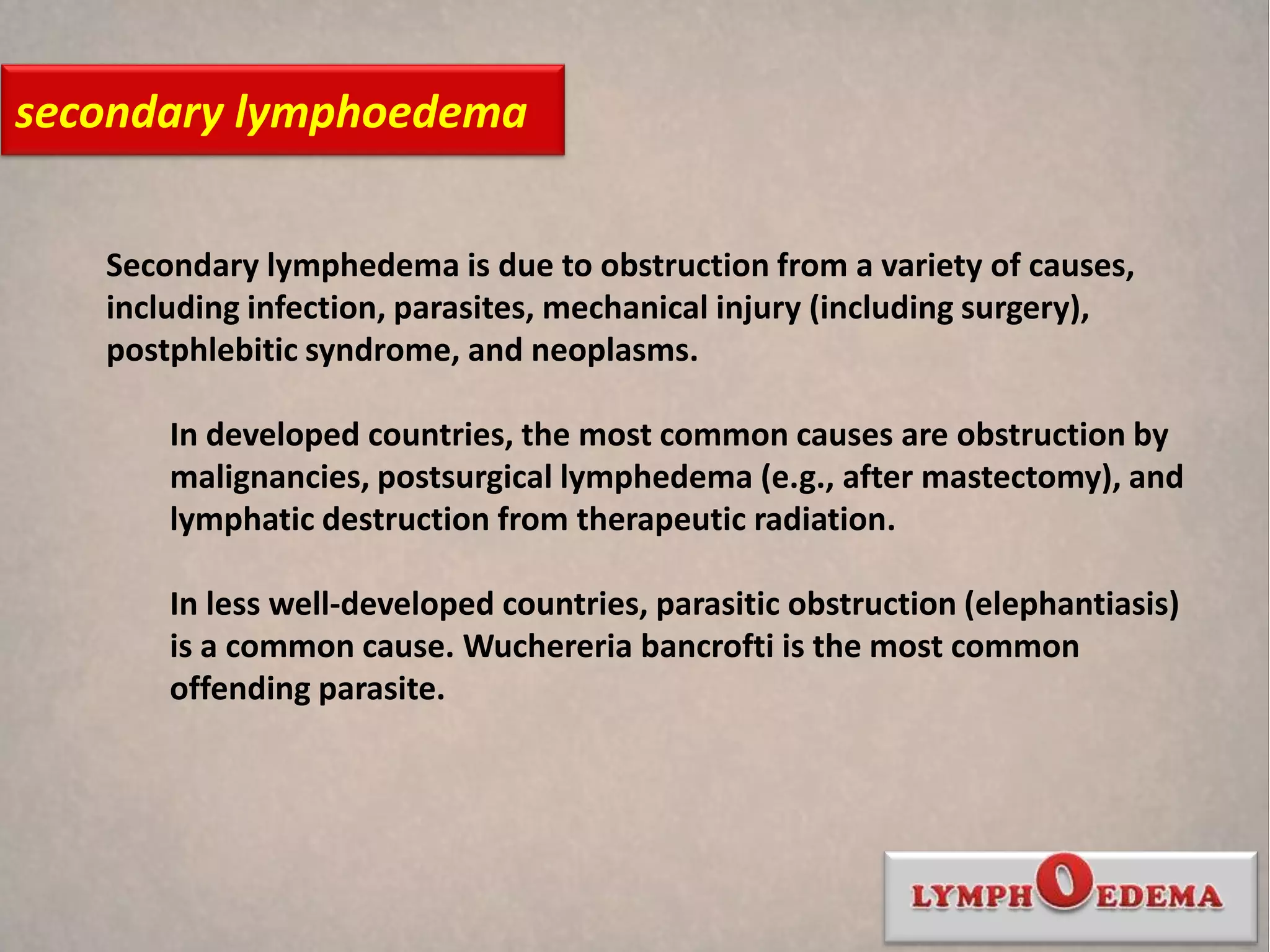 secondary lymphoedema


   Secondary lymphedema is due to obstruction from a variety of causes,
   including infection, parasites, mechanical injury (including surgery),
   postphlebitic syndrome, and neoplasms.

       In developed countries, the most common causes are obstruction by
       malignancies, postsurgical lymphedema (e.g., after mastectomy), and
       lymphatic destruction from therapeutic radiation.

       In less well-developed countries, parasitic obstruction (elephantiasis)
       is a common cause. Wuchereria bancrofti is the most common
       offending parasite.
 