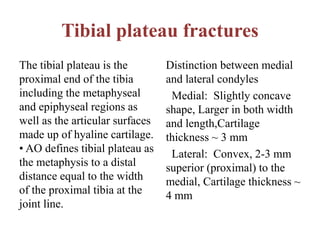 Tibial plateau fractures
The tibial plateau is the
proximal end of the tibia
including the metaphyseal
and epiphyseal regions as
well as the articular surfaces
made up of hyaline cartilage.
• AO defines tibial plateau as
the metaphysis to a distal
distance equal to the width
of the proximal tibia at the
joint line.
Distinction between medial
and lateral condyles
Medial: Slightly concave
shape, Larger in both width
and length,Cartilage
thickness ~ 3 mm
Lateral: Convex, 2-3 mm
superior (proximal) to the
medial, Cartilage thickness ~
4 mm
 