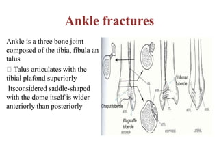 Ankle fractures
Ankle is a three bone joint
composed of the tibia, fibula an
talus
Talus articulates with the
tibial plafond superiorly
Itsconsidered saddle-shaped
with the dome itself is wider
anteriorly than posteriorly
 