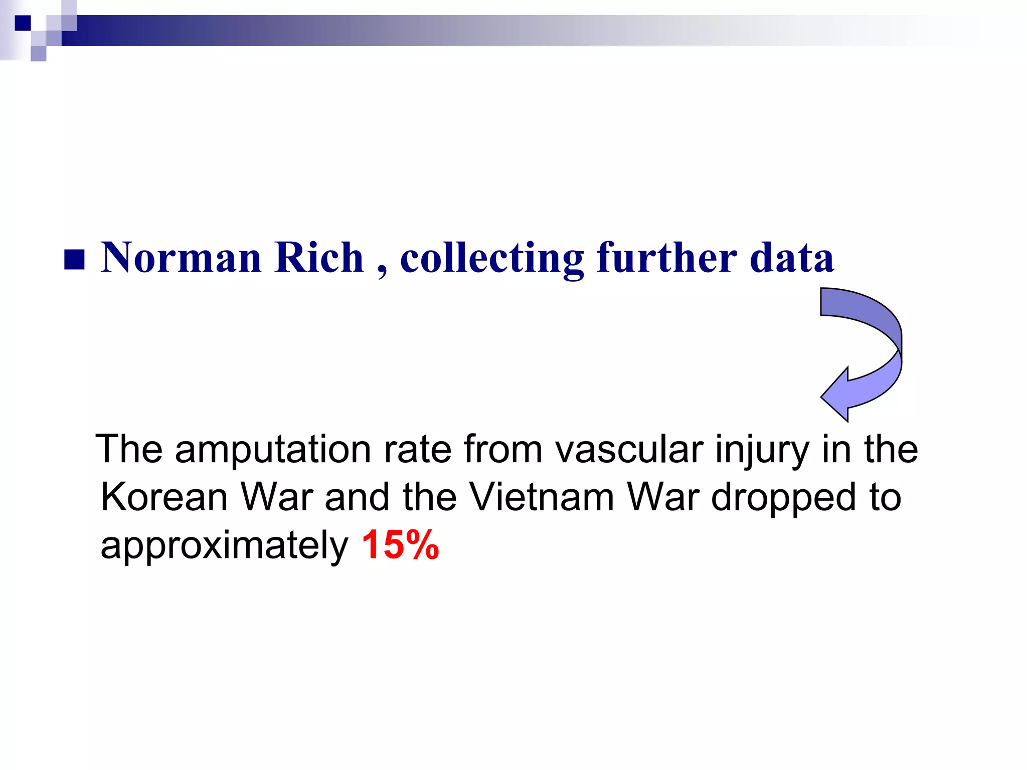 Norman Rich , collecting further data    The amputation rate from vascular injury in the Korean War and the Vietnam War dropped to approximately 15%