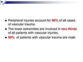Peripheral injuries account for 80% of all cases of vascular trauma.<br />The lower extremities are involved in two thirds...