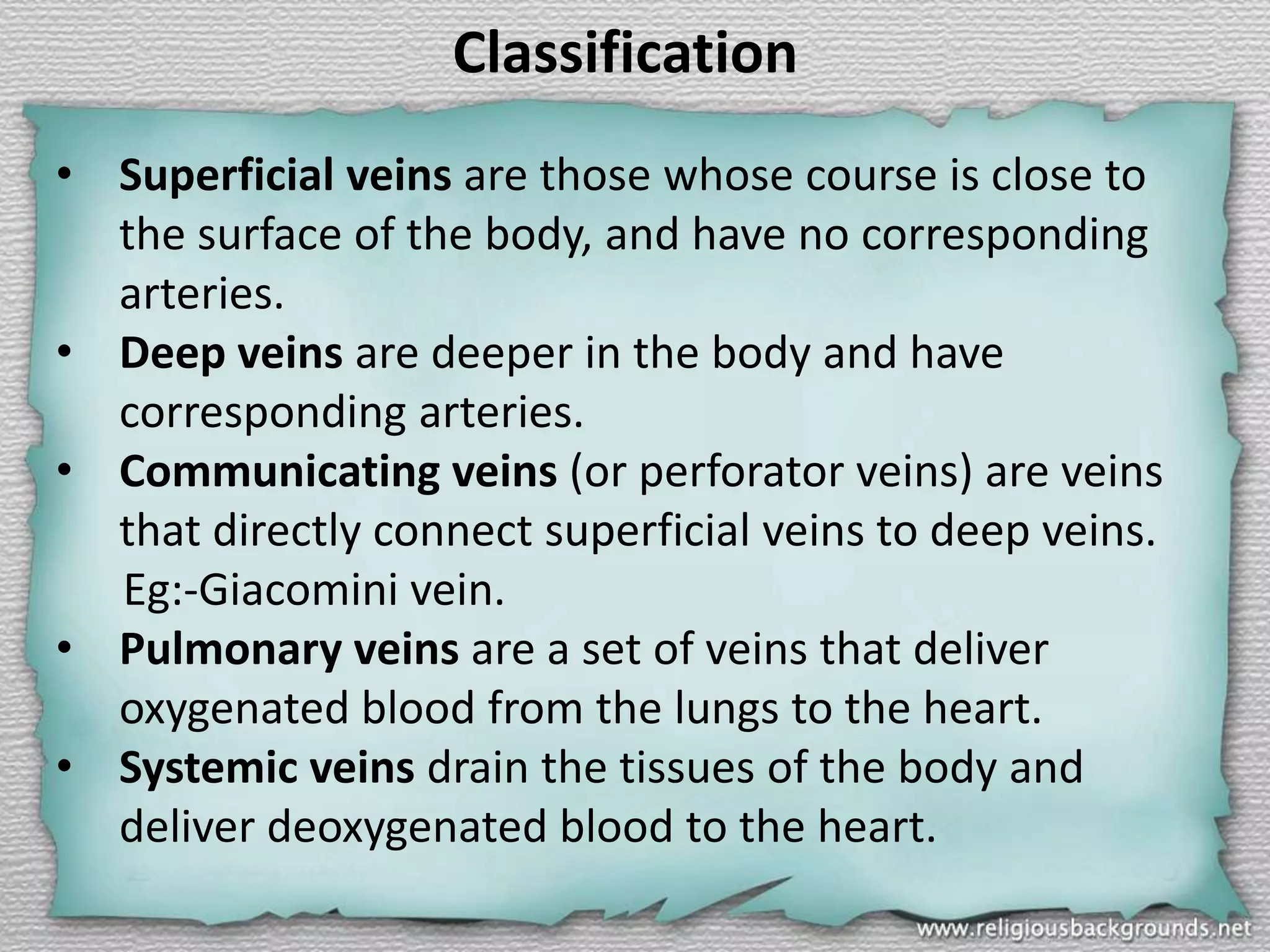 Classification
• Superficial veins are those whose course is close to
the surface of the body, and have no corresponding
arteries.
• Deep veins are deeper in the body and have
corresponding arteries.
• Communicating veins (or perforator veins) are veins
that directly connect superficial veins to deep veins.
Eg:-Giacomini vein.
• Pulmonary veins are a set of veins that deliver
oxygenated blood from the lungs to the heart.
• Systemic veins drain the tissues of the body and
deliver deoxygenated blood to the heart.

 