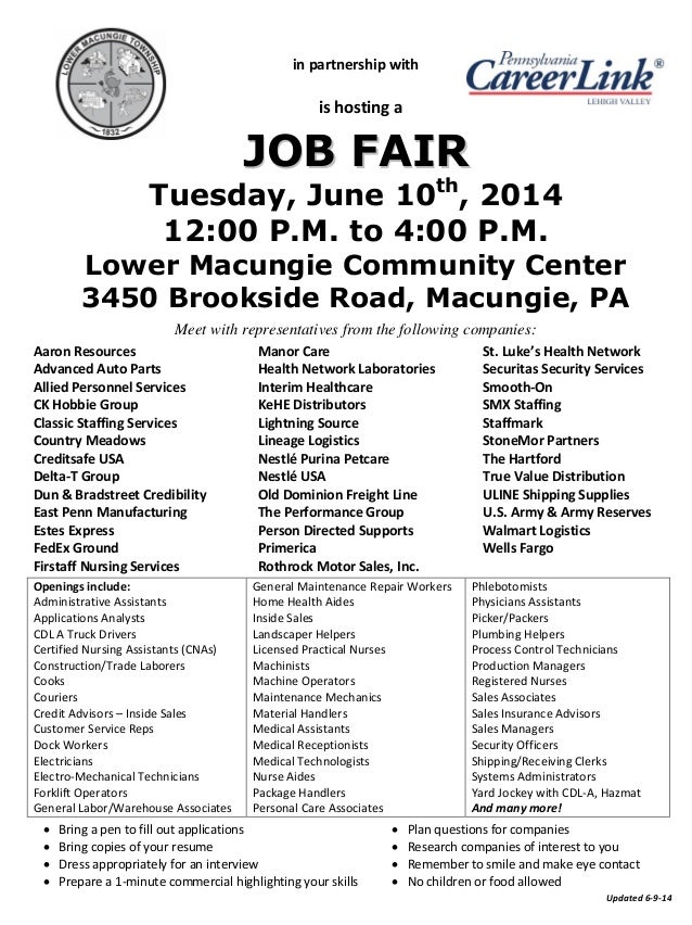 Lower Macungie Township and PA CareerLink Job Fair 61014