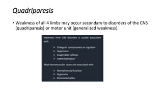 Quadriparesis
• Weakness of all 4 limbs may occur secondary to disorders of the CNS
(quadriparesis) or motor unit (generalized weakness).
 