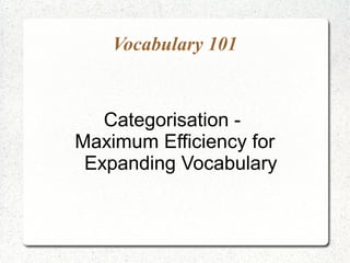 Vocabulary 101


   Categorisation -
Maximum Efficiency for
 Expanding Vocabulary
 