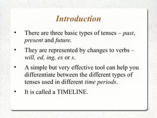 Introduction
•   There are three basic types of tenses – past,
    present and future.
•   They are represented by changes to verbs –
    will, ed, ing, es or s.
•   A simple but very effective tool can help you
    differentiate between the different types of
    tenses used in different time periods.
•   It is called a TIMELINE.
 