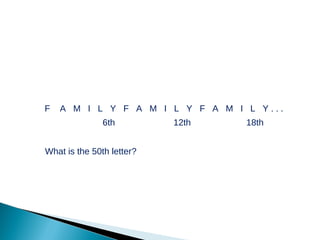 F  A  M  I  L  Y  F  A  M  I  L  Y  F  A  M  I  L  Y . . . 6th 12th 18th What is the 50th letter?   