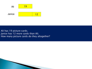 Ali has 19 picture cards. Janice has 12 more cards than Ali. How many picture cards do they altogether? 19 Ali Janice 12 