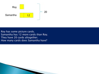 Roy has some picture cards. Samantha has 12 more cards than Roy. They have 20 cards altogether. How many cards does Samantha have? Roy Samantha 12 20 