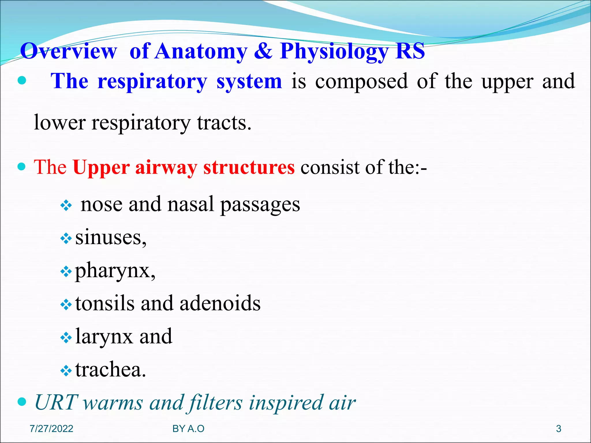 Overview of Anatomy & Physiology RS
 The respiratory system is composed of the upper and
lower respiratory tracts.
 The Upper airway structures consist of the:-
 nose and nasal passages
sinuses,
pharynx,
tonsils and adenoids
larynx and
trachea.
 URT warms and filters inspired air
BY A.O 3
7/27/2022
 