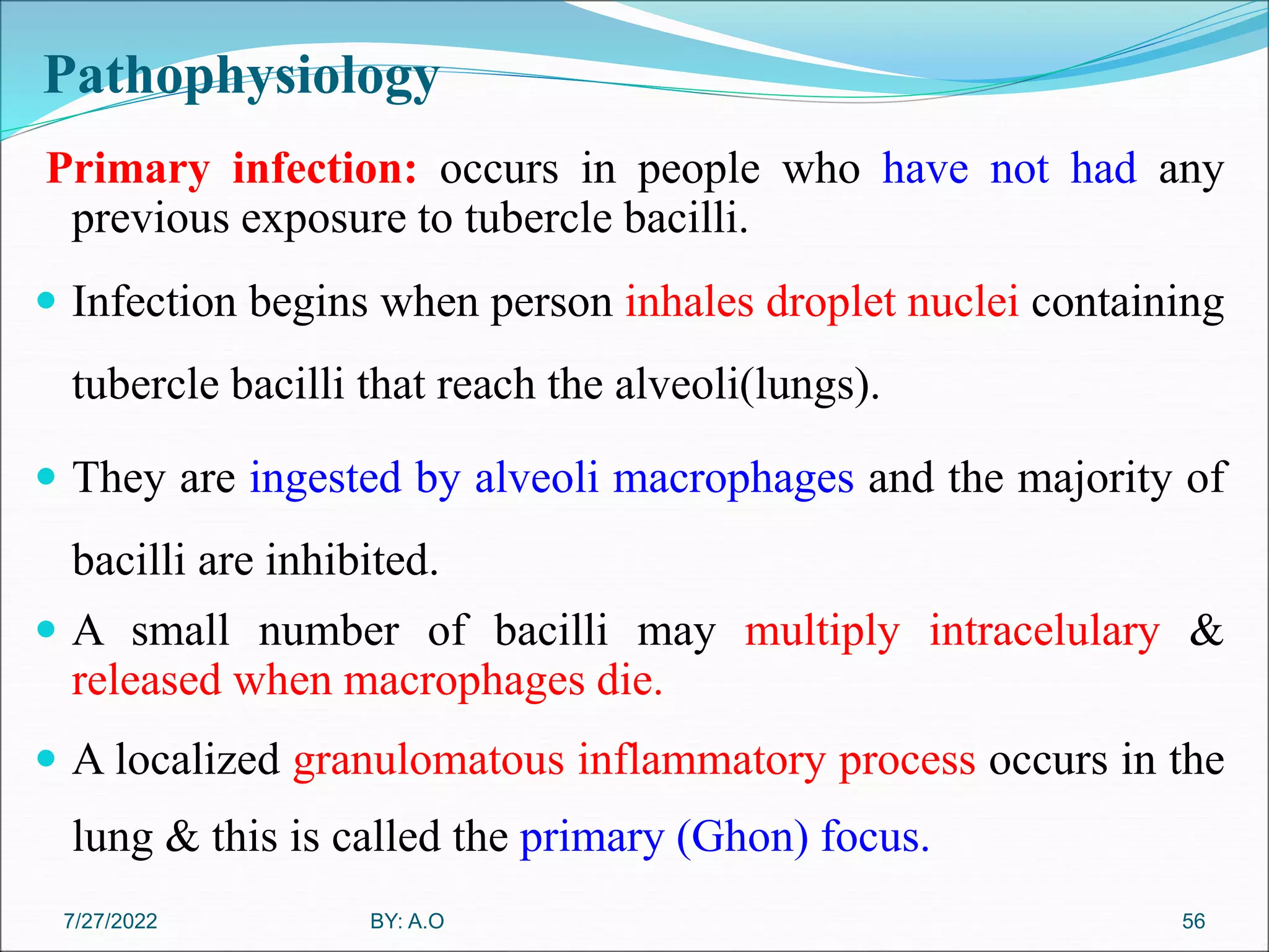 Pathophysiology
Primary infection: occurs in people who have not had any
previous exposure to tubercle bacilli.
 Infection begins when person inhales droplet nuclei containing
tubercle bacilli that reach the alveoli(lungs).
 They are ingested by alveoli macrophages and the majority of
bacilli are inhibited.
 A small number of bacilli may multiply intracelulary &
released when macrophages die.
 A localized granulomatous inflammatory process occurs in the
lung & this is called the primary (Ghon) focus.
56
BY: A.O
7/27/2022
 