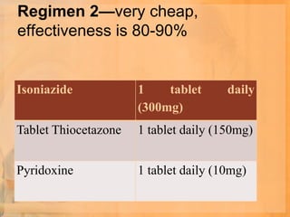 Regimen 2—very cheap,
effectiveness is 80-90%


Isoniazide            1    tablet      daily
                      (300mg)
Tablet Thiocetazone   1 tablet daily (150mg)


Pyridoxine            1 tablet daily (10mg)
 