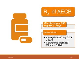 Rx of AECB
Clarithromycin 500
mg BD x 7 days-
• Amoxycillin 500 mg TID x
7 days
• Cefuroxime axetil 250
mg BD x 7 days
Alternatives:
12/21/2022 23
 